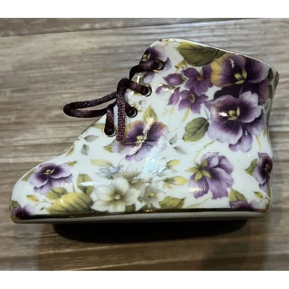 NANTUCKET HOME PORCELAIN Baby Shoe‎ with Violets, Gold Trim and Purple Lace